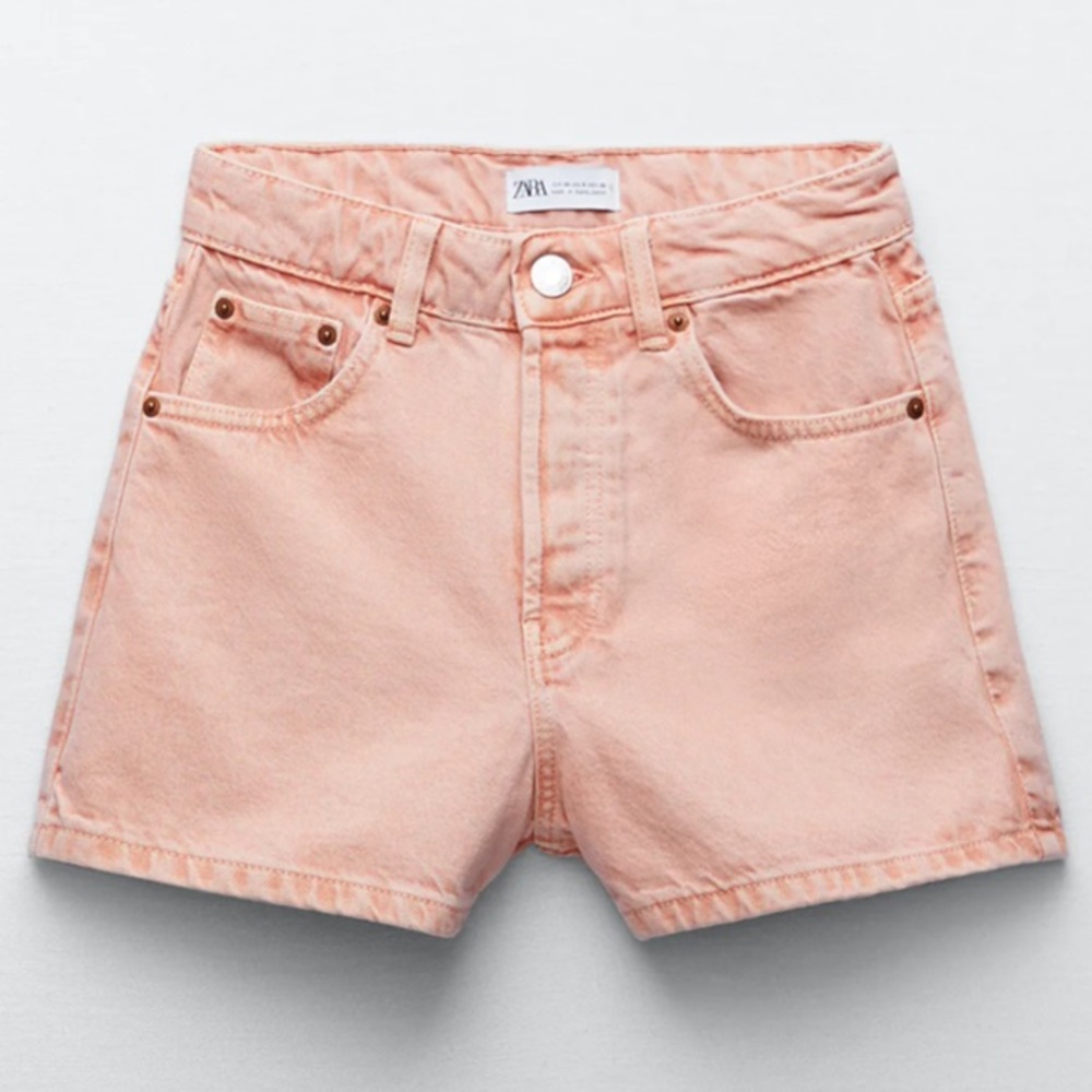 Zara 🆕 High Rise Waisted Denim Shorts Pink Peach Button Fly 38 6 28 Jean bottom